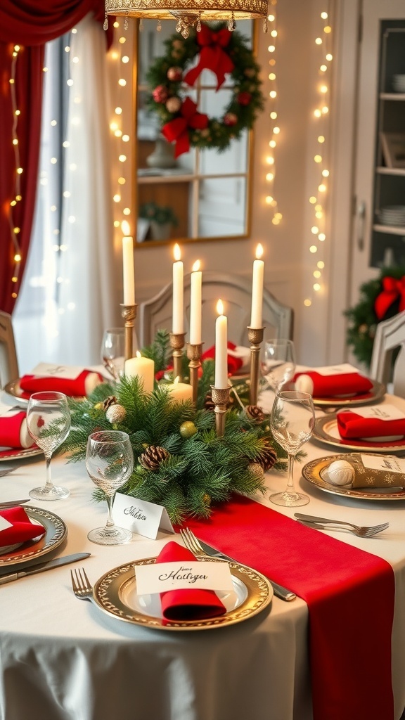 Festive Christmas Table Decorations at Home A festive Christmas table setting with candles, evergreen centerpiece, and elegant dinnerware.